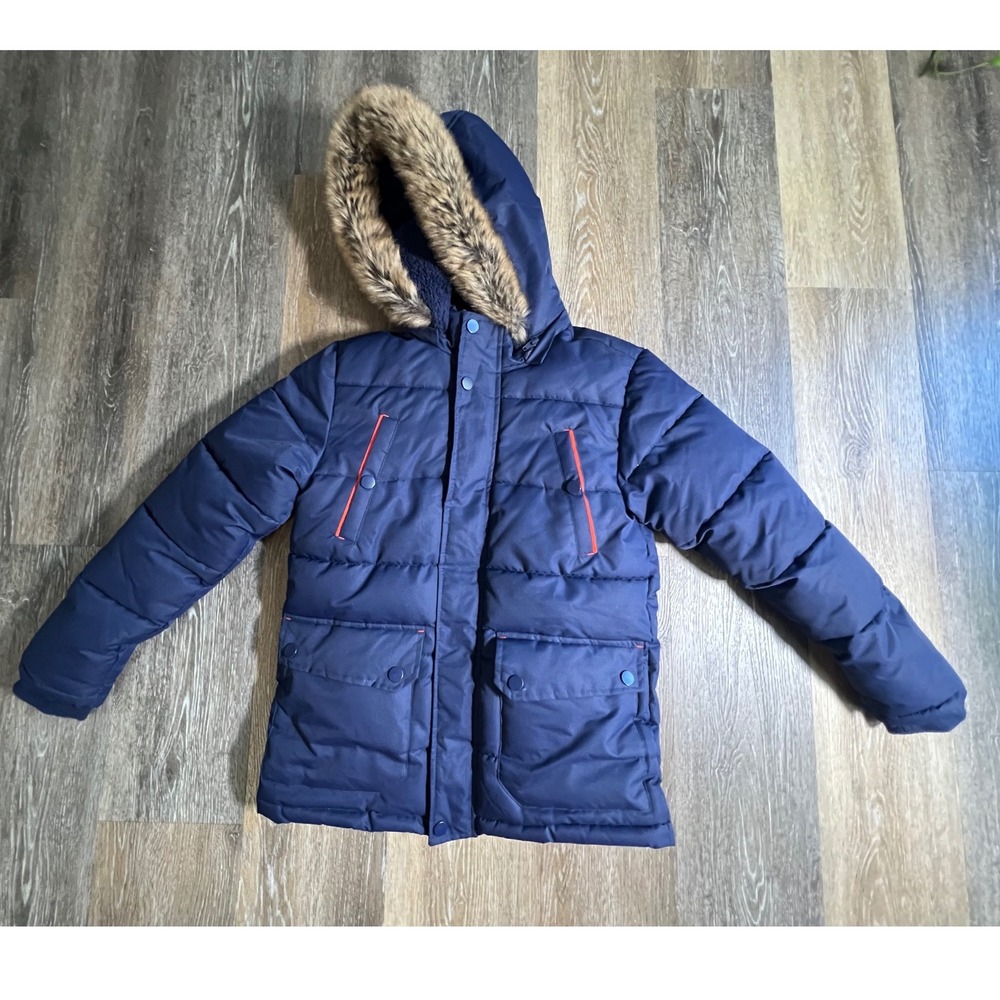 Ultimate Parka Jacket Boys Size 10/12 Navy Blue Faux Fur Hood Puffer Coat